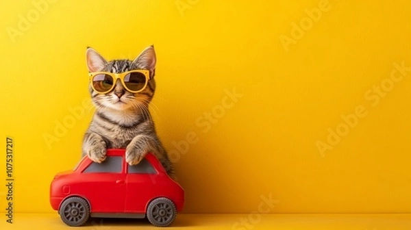 Fototapeta Stylish Tabby Cat in Toy Car Against Bright Yellow Background. AI generated illustration