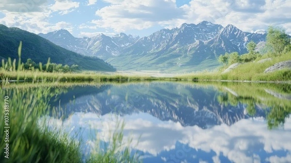 Fototapeta Preserving Ecosystem Harmony: Serene Lake with Invasive Species Encroachment 3D Render