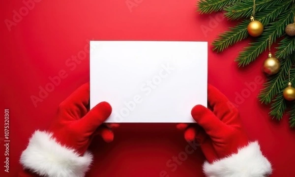 Fototapeta Man is holding white card on red Christmas background. The card is empty, and the man is wearing red gloves