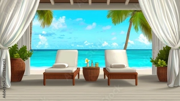 Fototapeta Serene beach view with sun loungers and palm trees, perfect for relaxation and vacation vibes.