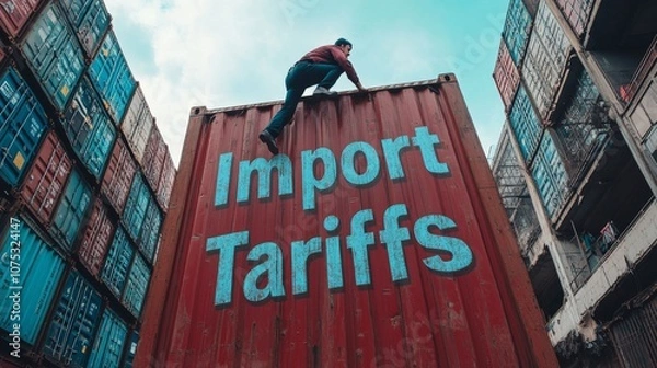 Fototapeta A Man Climbing a Cargo Container With "Import Tariffs" Written on it