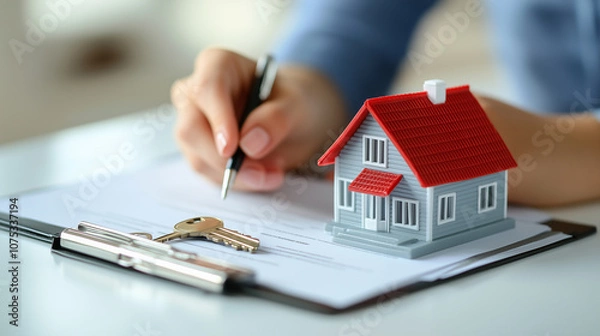 Fototapeta person signs a real estate contract with a miniature house and keys on the table, symbolizing property purchase, home ownership, or real estate investment.