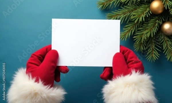 Fototapeta Man is holding white card on blue Christmas background. The card is empty, and the man is wearing red gloves