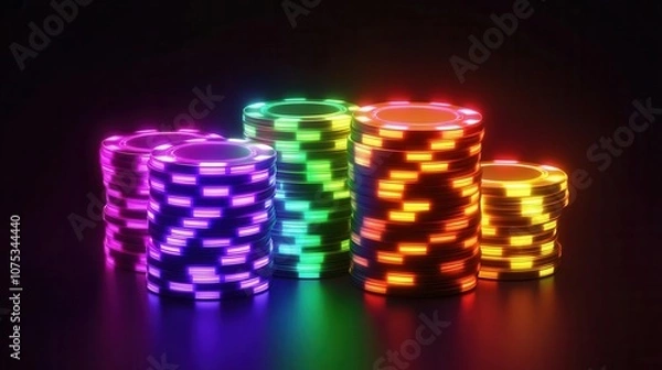 Fototapeta Animated poker chips stacking up in bright neon colors, 3D cartoon style, gambling, success in gaming