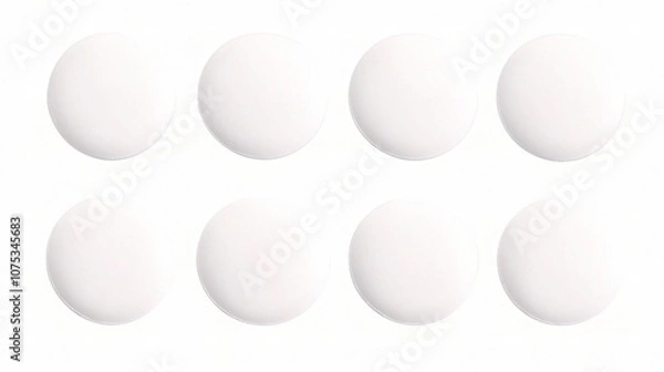 Fototapeta Set of eight white round pills isolated on a pristine white background, perfect for illustrating pharmaceutical concepts or health-related topics in various projects.