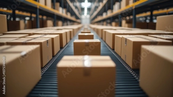 Obraz A conveyor belt filled with neatly arranged cardboard packages, essential for efficient logistics and modern supply chain practices.