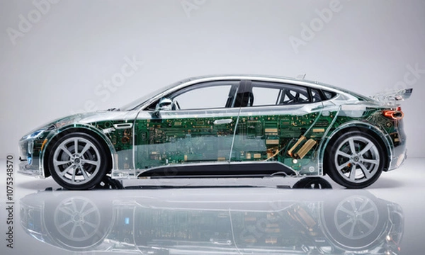 Fototapeta A translucent, modern electric car is depicted in a studio setting