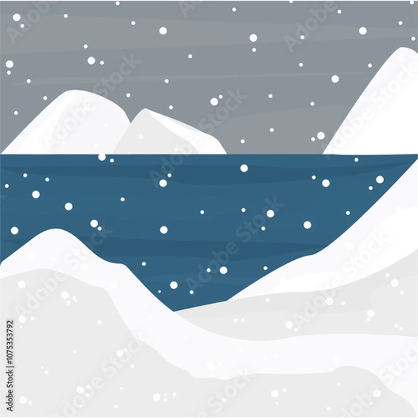 Obraz Antarctica background without people and animals. Ocean, mountains of ice, it's snowing. For design and concepts with your elements. Flat. Vector illustration.