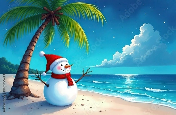 Fototapeta A watercolor painting of a Caribbean Christmas scene featuring a snowman under a lit palm tree. The tropical beach New Year postcard is rendered in a cartoon style. Painting style