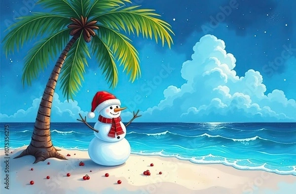 Fototapeta A watercolor painting of a Caribbean Christmas scene featuring a snowman under a lit palm tree. The tropical beach New Year postcard is rendered in a cartoon style. Painting style