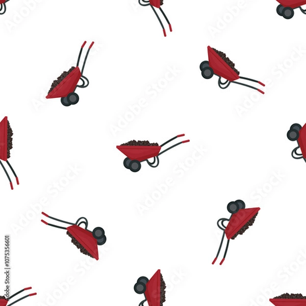 Fototapeta Red wheelbarrow carrying soil, coal, or fertilizer creates a seamless pattern, ideal for construction, gardening, or agriculture themed projects