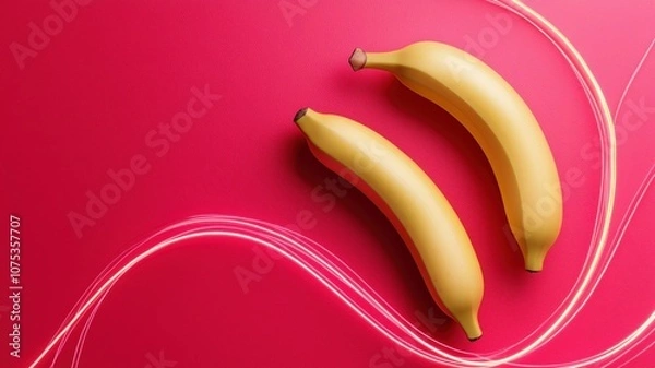 Fototapeta Bright Yellow Bananas on a Vibrant Pink Background with Creative Light Trails for Freshness and Energy Representation in Food Imagery