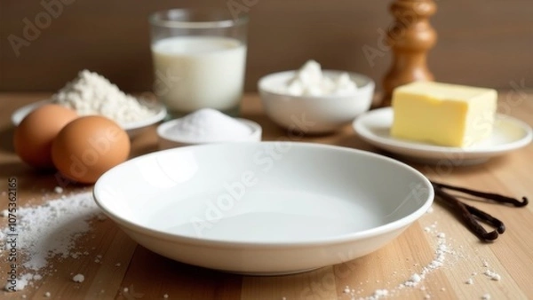 Obraz empty white bowl on light wooden background, for recipe, cooking concept Bakery products -flour, eggs, milk, butter, salt, sugar