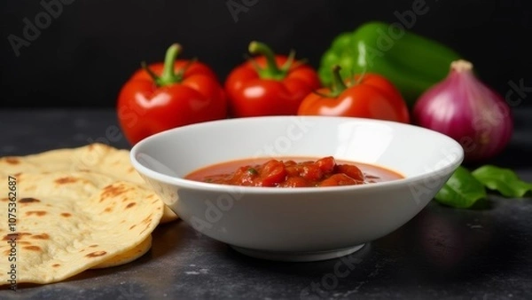 Obraz Gazpacho soup in white bowl over dark stone background. Cold tomato soup, ingredients for making gazpacho, tomatoes, basil, herbs, peppers, pita bread, 