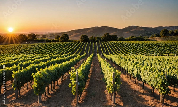 Fototapeta A vineyard with rows of grapevines stretches out under a golden sunset