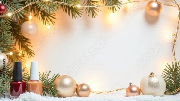 Obraz Christmas frame for text postcard, Christmas tree decorations, in the foreground are nail polishes for manicure and beauty salons