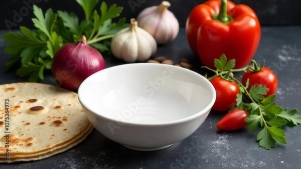 Obraz empty white bowl on a dark stone background. Cold tomato soup, ingredients for making gazpacho, tomatoes, basil, herbs, peppers, pita bread, 