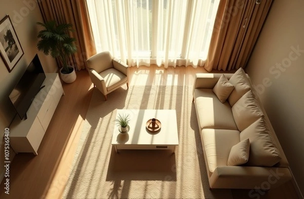 Obraz living room interior in beige tones, sofa, coffee table, armchair, carpet, cozy boho style, rays of sunlight from the window