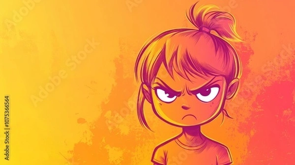 Fototapeta Line art illustration featuring a warm gradient of a cartoon girl expressing anger