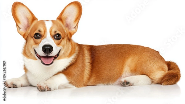 Obraz Corgi dog lying on white background, smiling happily with perky ears. This adorable pet exudes joy and playfulness, making it perfect companion