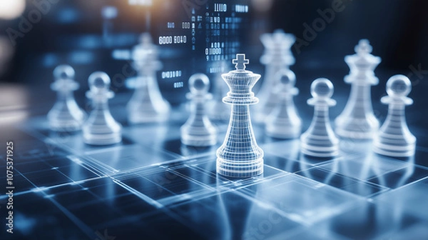 Fototapeta Cyber chessboard with black and white chess where each piece represents a company, with performance metrics and graphs floating above them