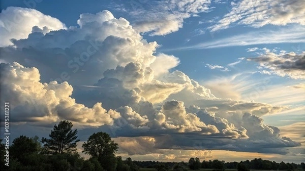 Fototapeta A stunning display of cumulus clouds in various shades of white, cream, and light gray against the radiant backdrop of a sunny afternoon sky, clouds, white, sunny, bright, afternoon