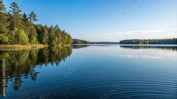 Fototapeta Water's surface reflects the surrounding environment, creating a crystal clear ripple effect on the lake's calm surface, stillness, lake, tranquil atmosphere