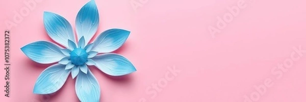 Fototapeta Blue pink white paper flower with subtle shading and texture on a plain pink background, pink, white