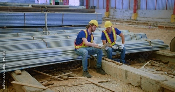 Obraz Two construction workers in safety gear review plans on a site holding digital tablet sitting on steel beams, showcasing teamwork and industrial progress.