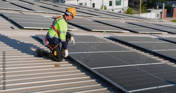 Fototapeta engineer Technician in safety gear installs solar panels on a roof under a clear sky, showcasing renewable energy solutions