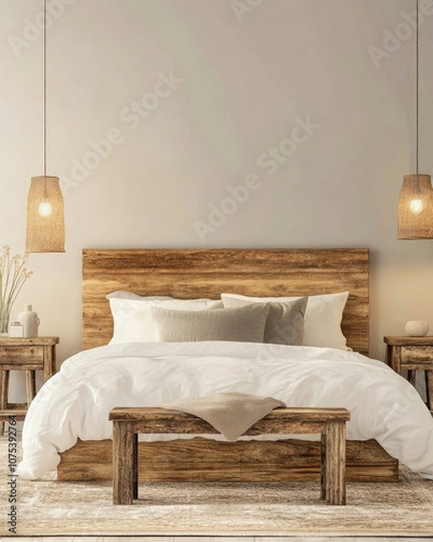 Fototapeta Warm glow from bedside lamps in a cozy loft bedroom with rustic wooden decor