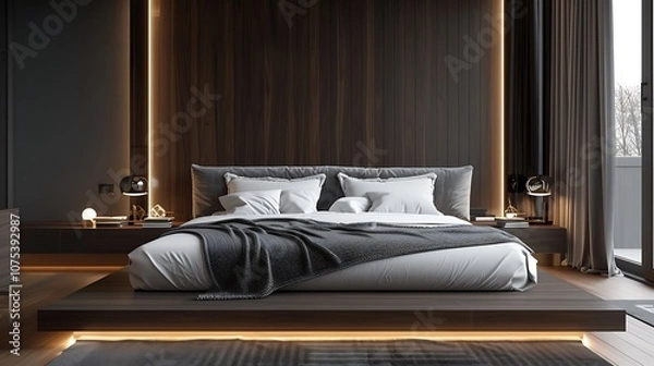 Fototapeta Beautiful Colored Mockup Bedroom Interior Blank Poster Decoration Art Background Image, generative AI