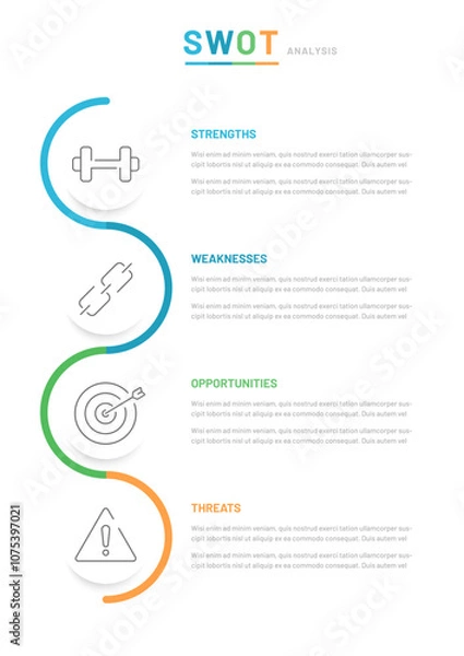 Fototapeta Vertical swot analysis of the company's and organization's activities in the form of a diagram consisting of strengths, weaknesses, opportunities, and threats.