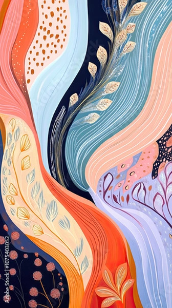 Fototapeta Colorful abstract patterns inspired by beach flora and fauna, featuring organic shapes and lively