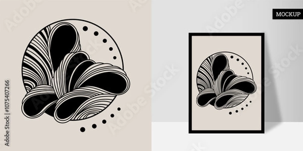 Fototapeta Wall art is hand-painted. Line art in black ink on a light background. Wavy lines with circles. Poster with geometric shape. Vector illustration. Design for print card, cover, wallpaper, home decor.