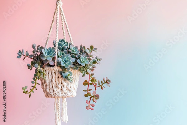 Fototapeta Succulents growing in a hanging macrame planter, with a soft pastel-colored wall in the background.