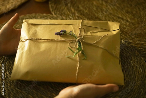 Obraz Female hands holding a gift box made from eco paper decorated with lavender sprigs. 