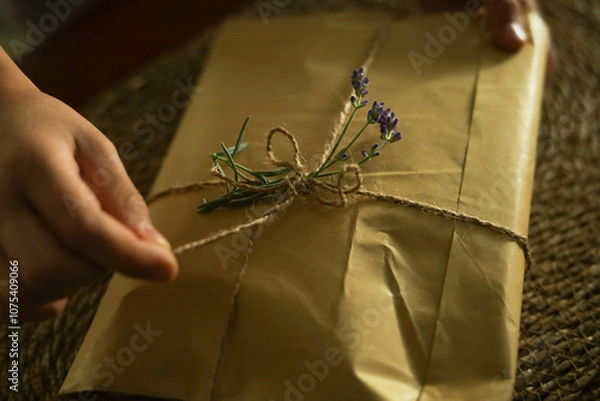 Obraz Hand opens a gift box made from eco paper decorated with lavender sprigs. 