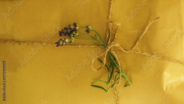 Obraz Background of a gift box made from eco paper decorated with lavender sprigs. 