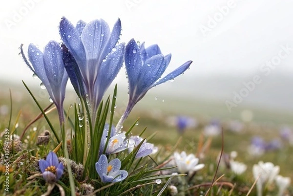 Fototapeta Blue crocuses stand tall amidst a blanket of soft grass and delicate wildflowers with tiny droplets of dew on their petals in a serene spring scene, outdoor, landscape, grass