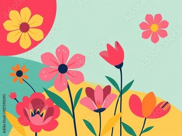 Fototapeta Bold geometric shapes inspired by flowers in a vibrant and abstract color scheme, colorful patterns, decorative elements, modern wallpaper