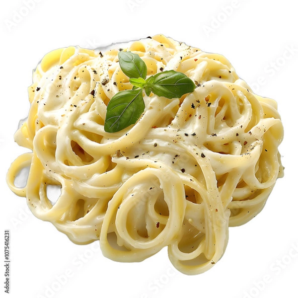 Fototapeta [Transparent Background PNG]Delicious Pasta with Creamy Alfredo Sauce and Basil