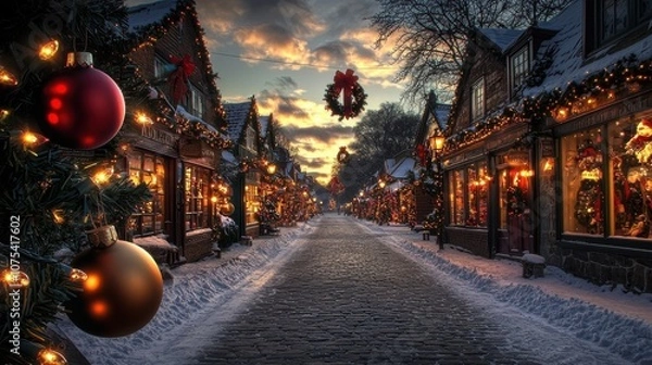 Obraz A charming winter street adorned with festive decorations and holiday lights at sunset.