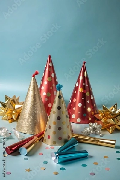 Fototapeta Foto de estudio de un conjunto de sombreros y sopladores de fiesta de Nochevieja, dispuestos sobre un fondo limpio con un amplio espacio para copiar.