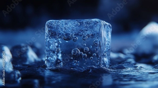 Fototapeta Close-up of melting ice cube with bubbles captured in dynamic detail