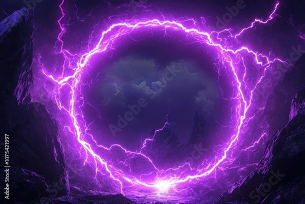 Obraz Purple Lightning Circle Surrounding Rocky Landscape