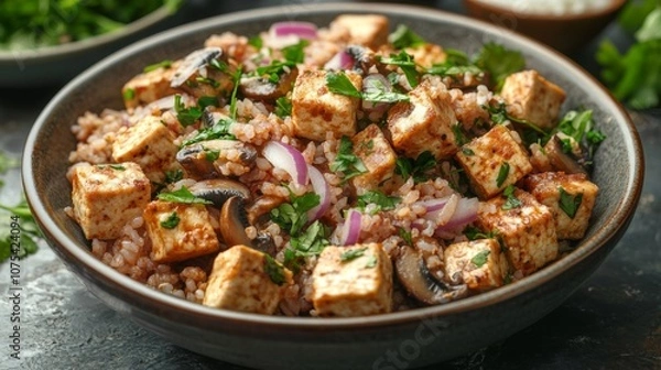 Fototapeta Bowl of Tofu, Mushrooms, Red Onion, and Brown Rice