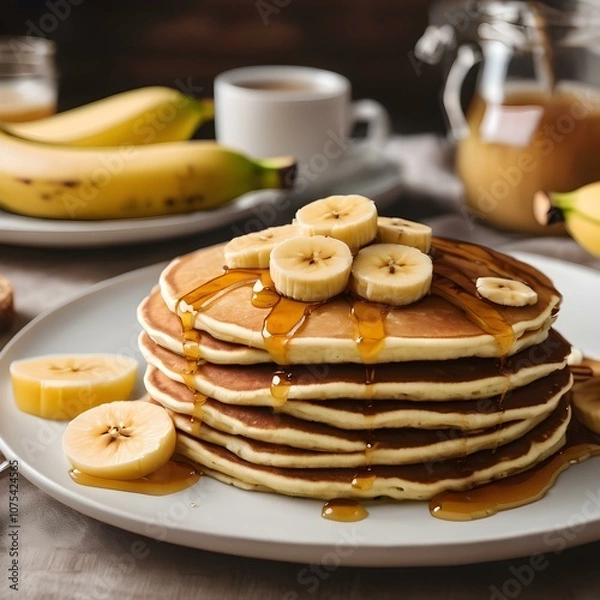 Fototapeta A plate of banana pancakes topped with slices of banana and honey, set on a cozy breakfast table.