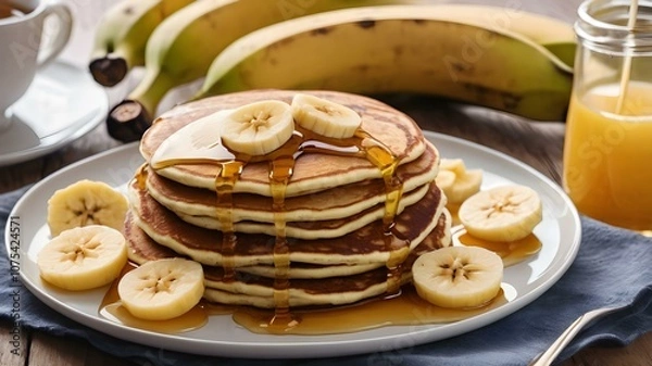 Fototapeta A plate of banana pancakes topped with slices of banana and honey, set on a cozy breakfast table.