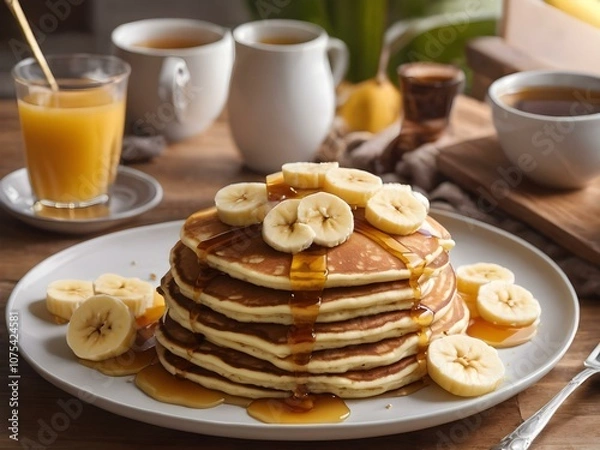Fototapeta A plate of banana pancakes topped with slices of banana and honey, set on a cozy breakfast table.